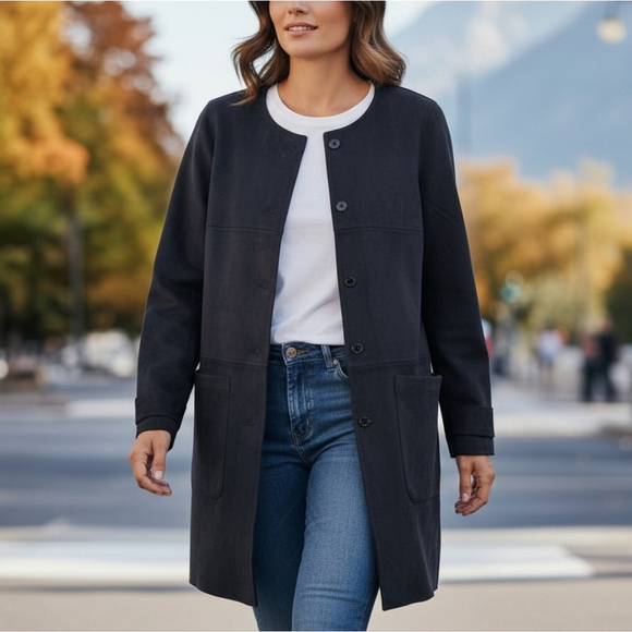 Bylyse Jackets & Blazers - Bylyse Longline Faux Suede Jacket Navy Button Front Pockets Small